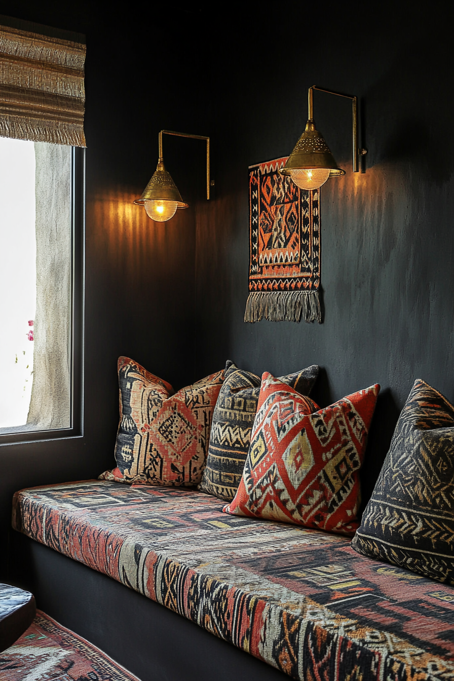 Reading corner. Cushions featuring desert-sunset colors with tribal print, wall mounted brass book lights.