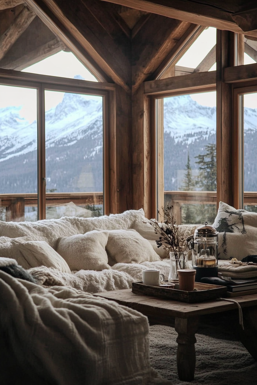 Ski lodge-inspired interior. Wool blankets, hot cocoa station, snow-capped peak view.