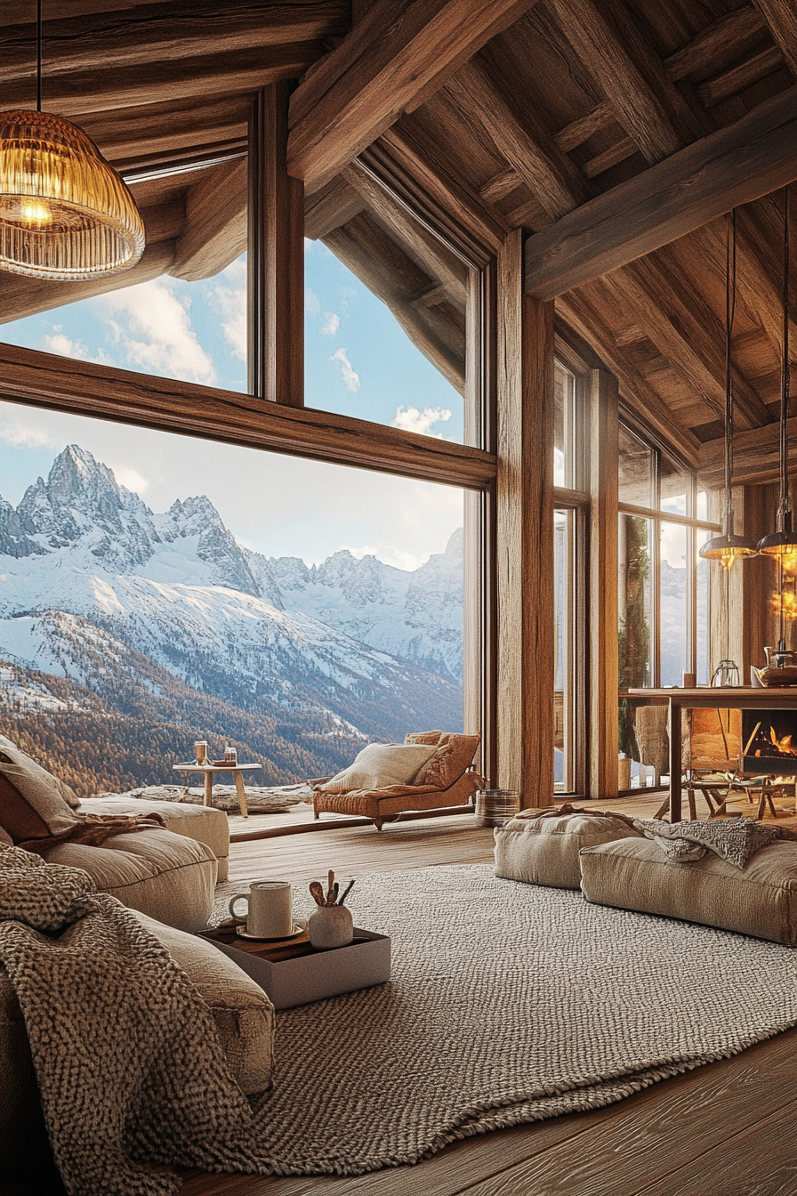 Ski-lodge inspired interior. Wool blankets, hot cocoa station, wide-angle snowy peaks view.