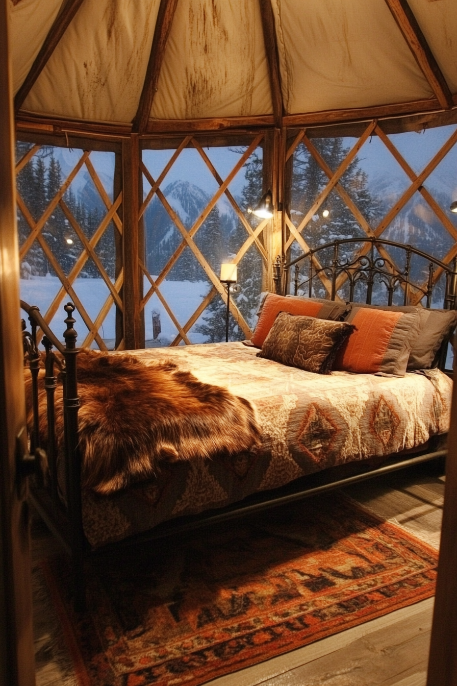 Alpine-view yurt bedroom. Wood-framed glass wall, old-fashioned iron bedstead draped in elk hide.