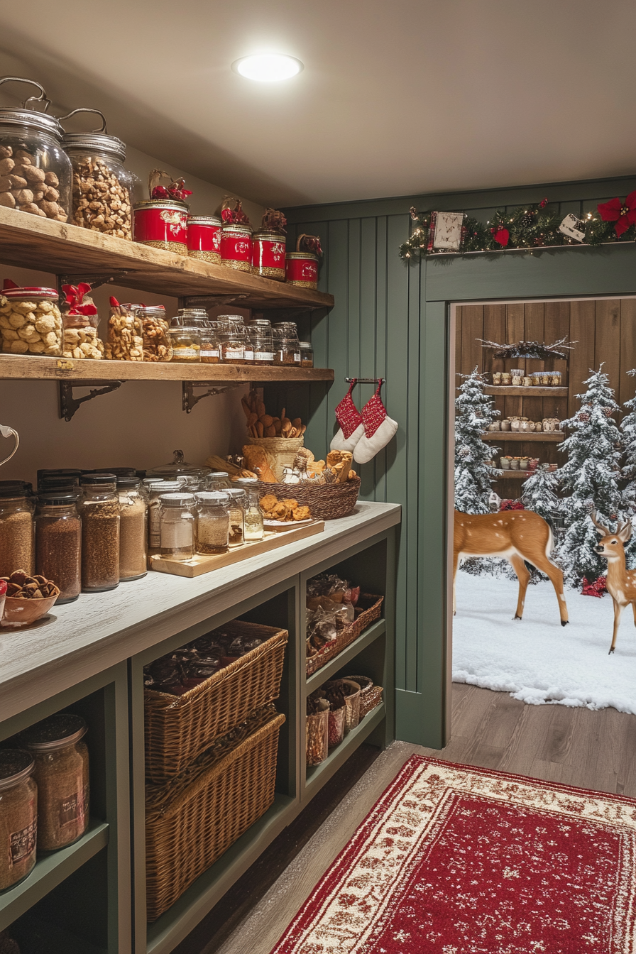 Wide angle view of a holiday baking haven. Vibrant cookie station, spice storage, snowy deer meadow.