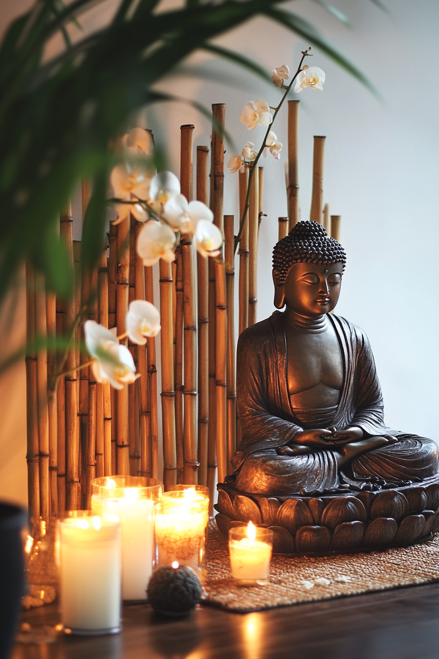 Meditation room. Buddha statue beside a bamboo divider, candles, orchids.