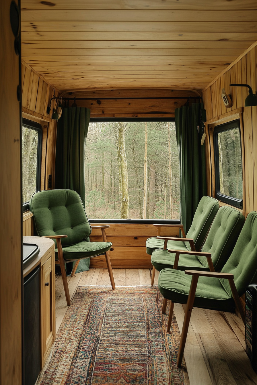 Woodland-style Van Lounge. Pine panelled interior, green camp chairs observing forest view.