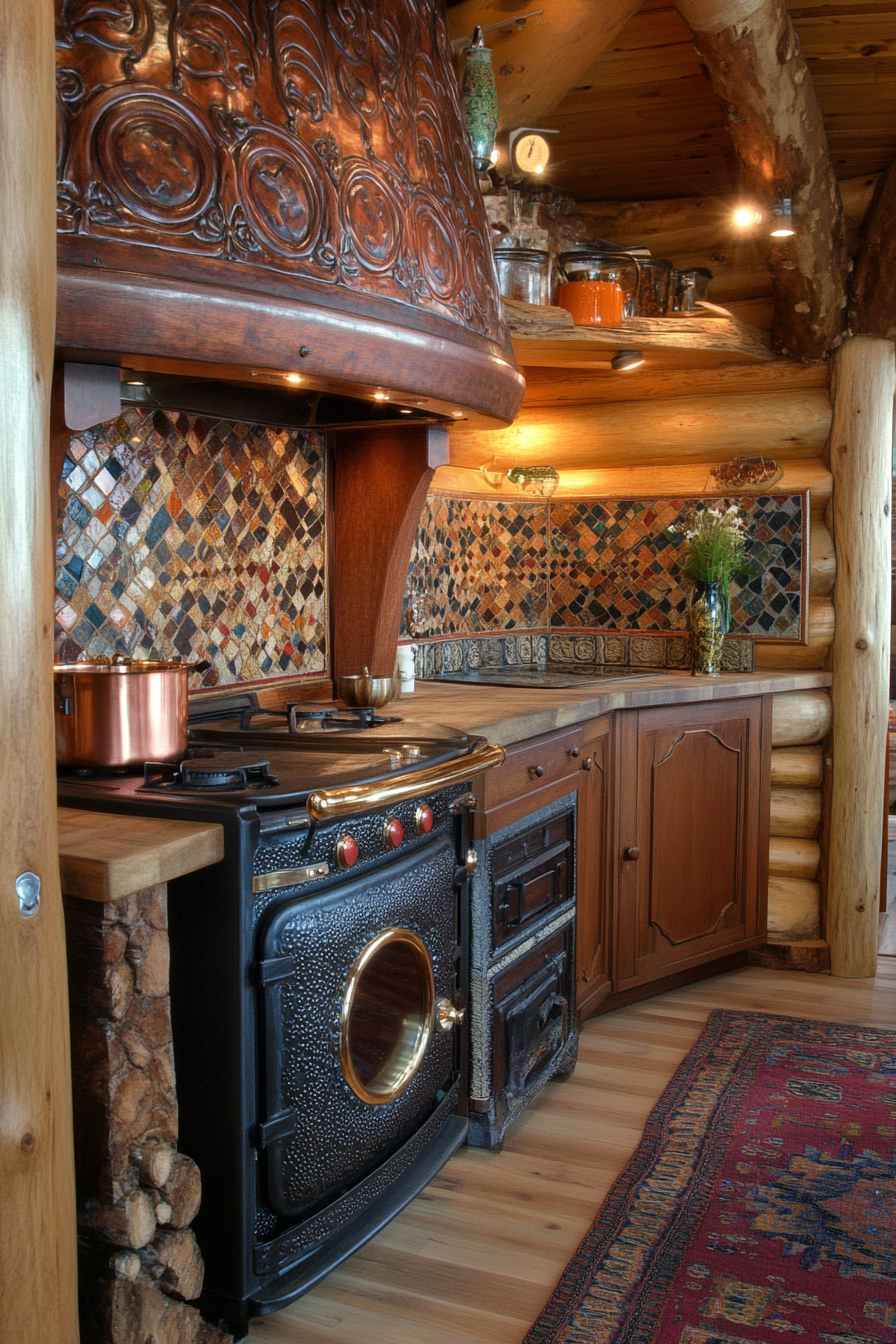 Alpine-style yurt kitchen. Copper stove, log walls, spice mosaic.