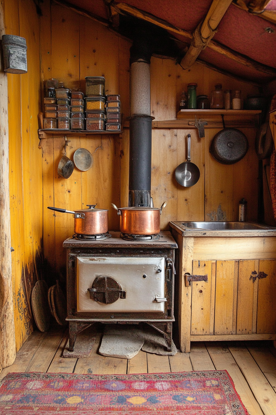 Alpine-Style Yurt Kitchen. Wooden stove, copper pots, saffron tint spice stack on wall.