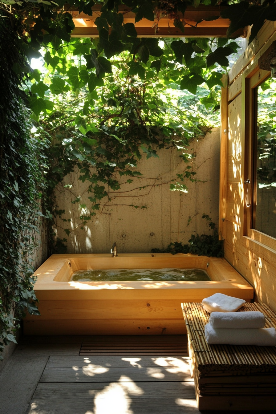 Tiny bathhouse. Climbing ivy on walls, cedar tub, bamboo meditation bench.