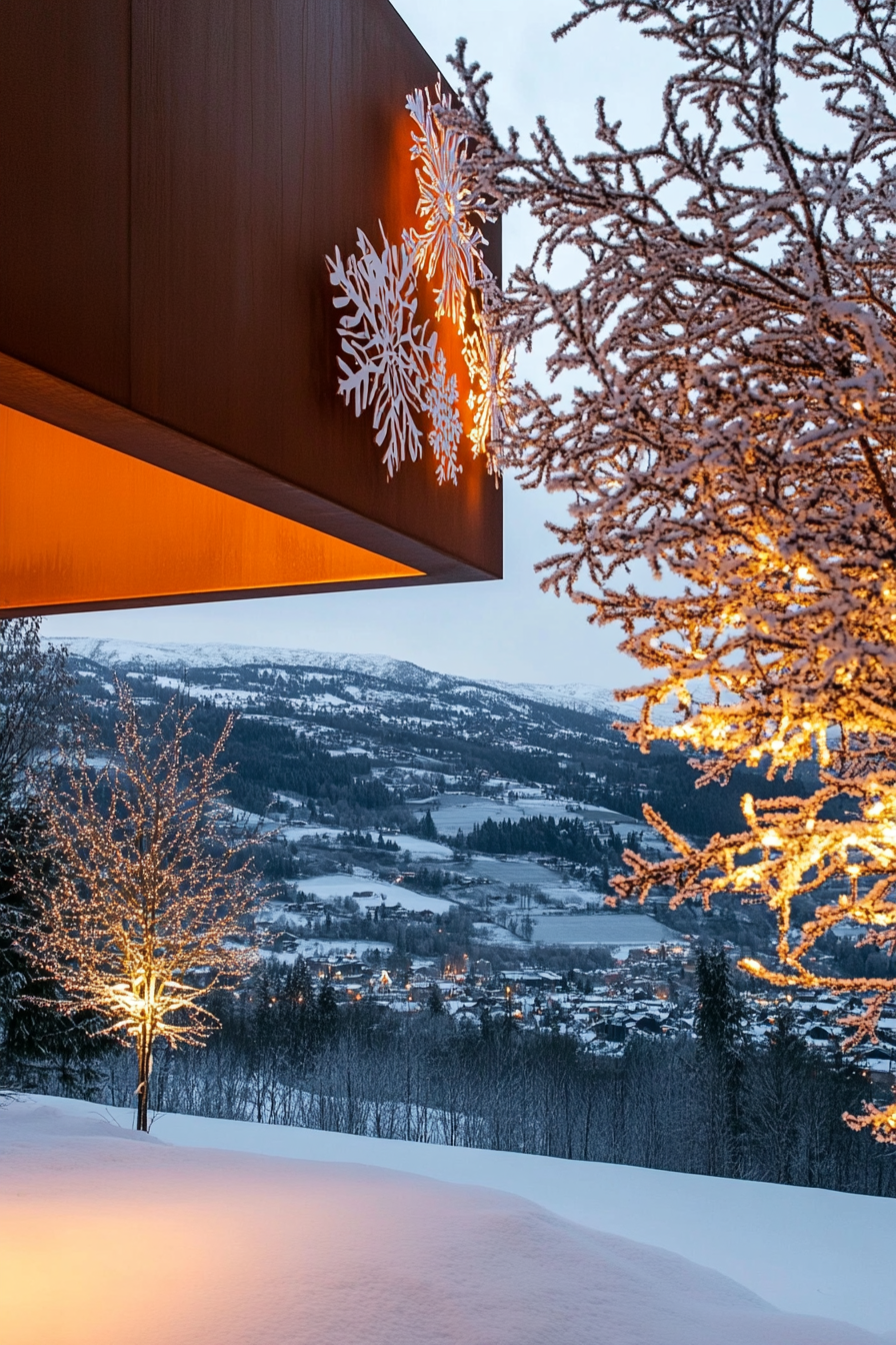 Modern Christmas décor. White-lit corten steel architecture, paper snowflakes against frost-covered valley vista.