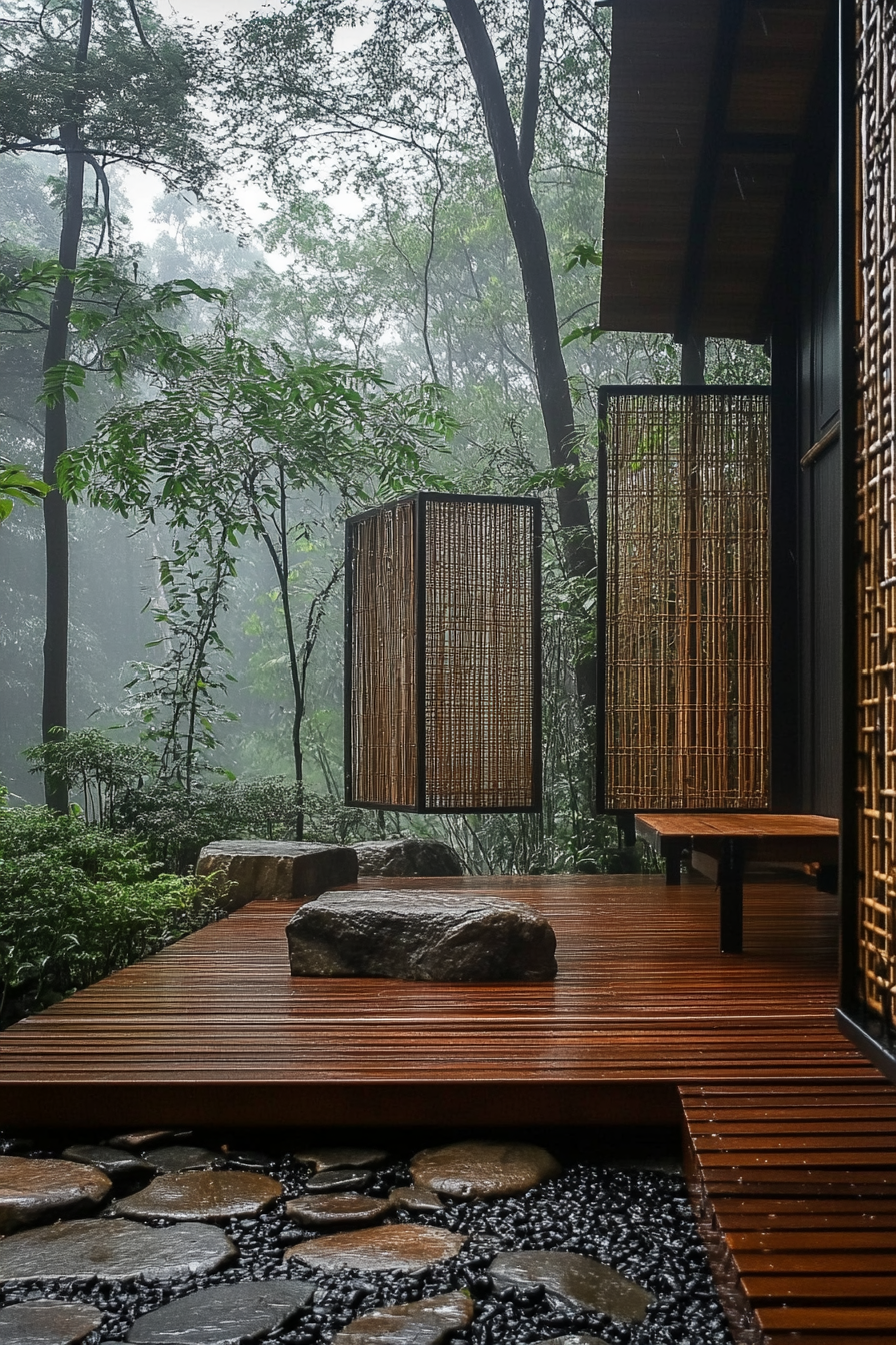 Wide angle view. Minimalist tiny house deck, bamboo screens, rock garden, misty bamboo forest.