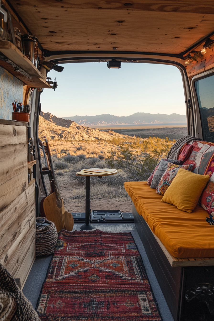 Van rooftop. Telescope mount, loungers, star map table, overlooking desert.