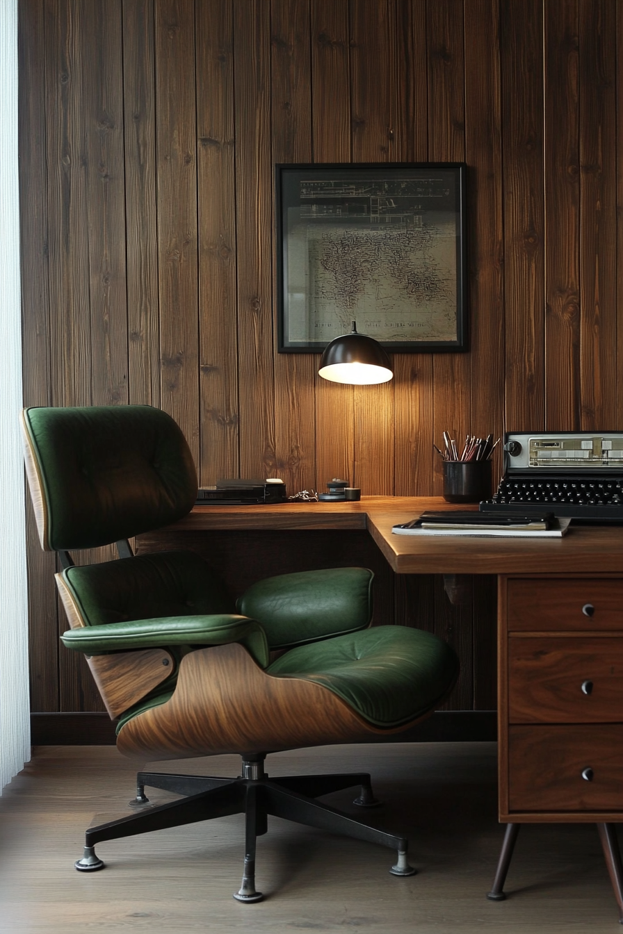 Mobile workspace. Walnut paneling, green vintage Eames chair, warmly-diffused lamp lighting.