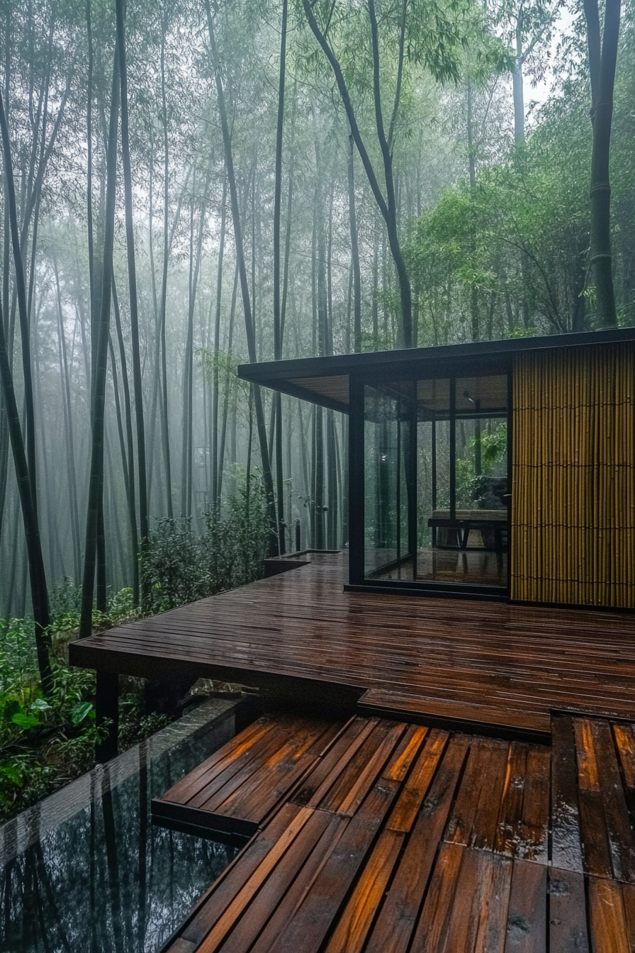 Wide-angle view of minimalist tiny house. Deck with bamboo screens in misty bamboo forest.