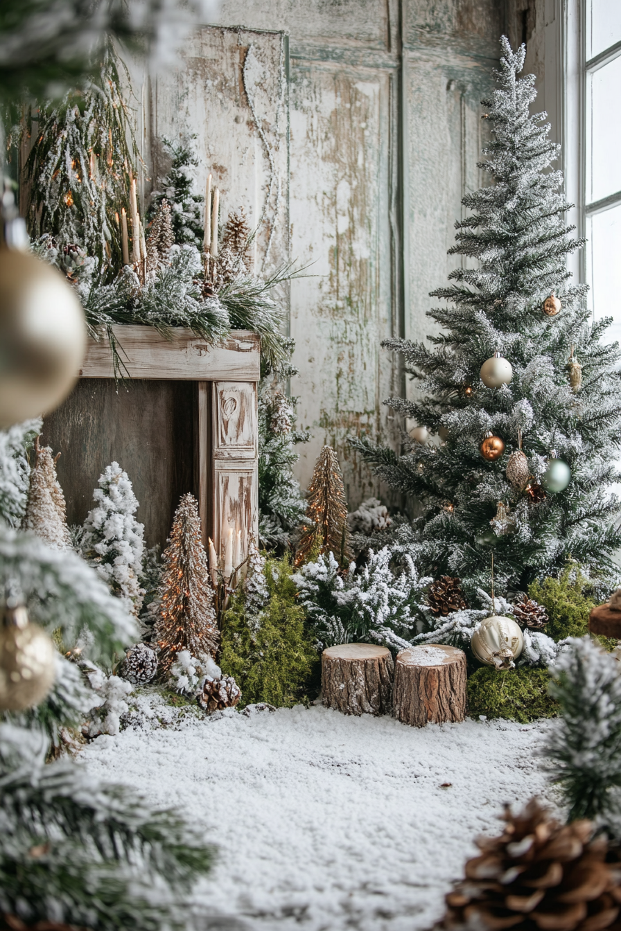 Wide angle view of holiday space. Woodland decorations, moss details, surrounded by snowy pines.