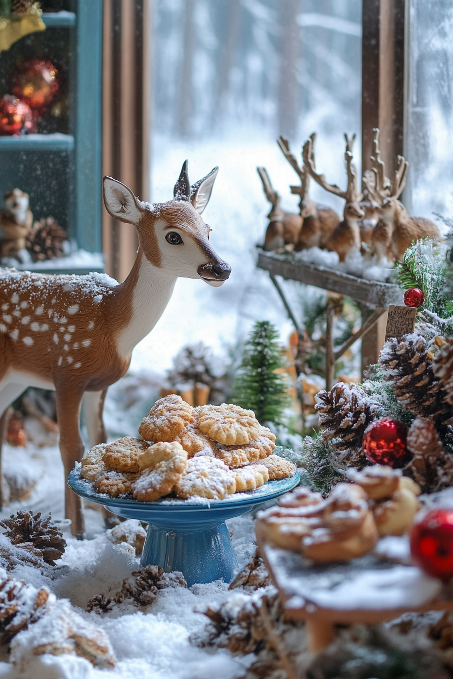 Wide angle holiday baking scene. Deer in snowy meadow, blue spice rack, overflowing cookie station.