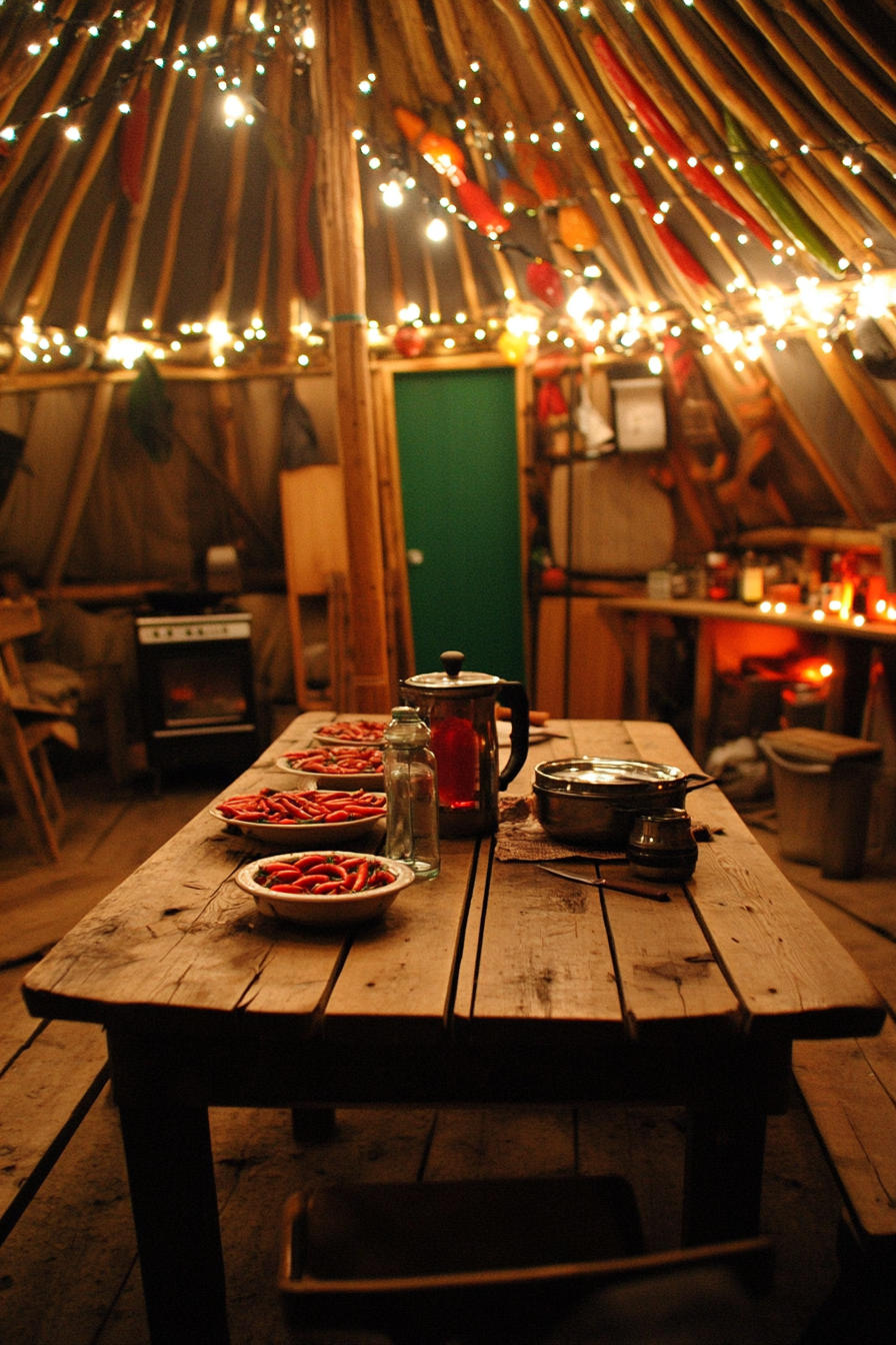 Alpine-Style Yurt Kitchen. Oak table, chili pepper string lights.