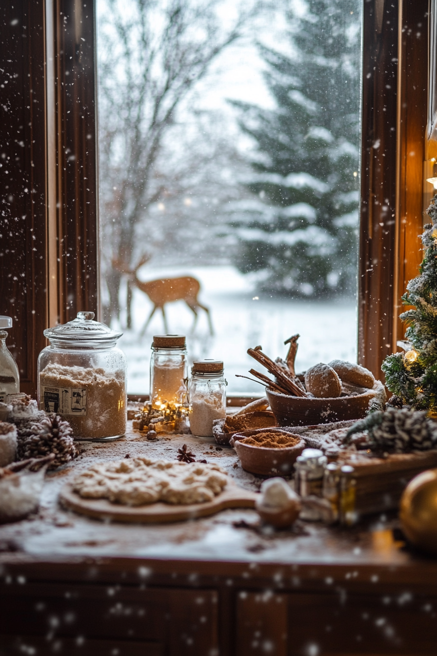 Wide angle view. Holiday baking station, cookie dough, spices, watching deer in snow.