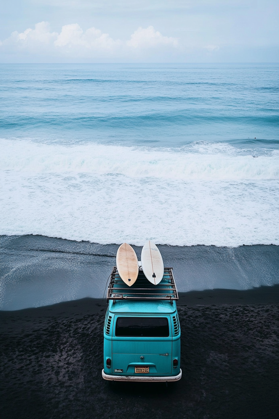 Beachy van setup. Roof-top surfboard rack on dark sand beach. Tranquil blue waves.