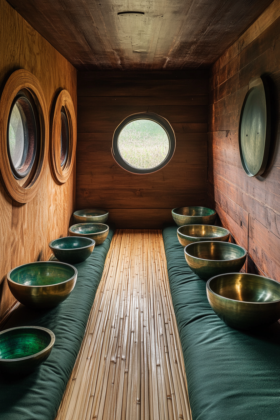 Zen-Style van meditation room. Cushioned bamboo mat with deep green singing bowls.