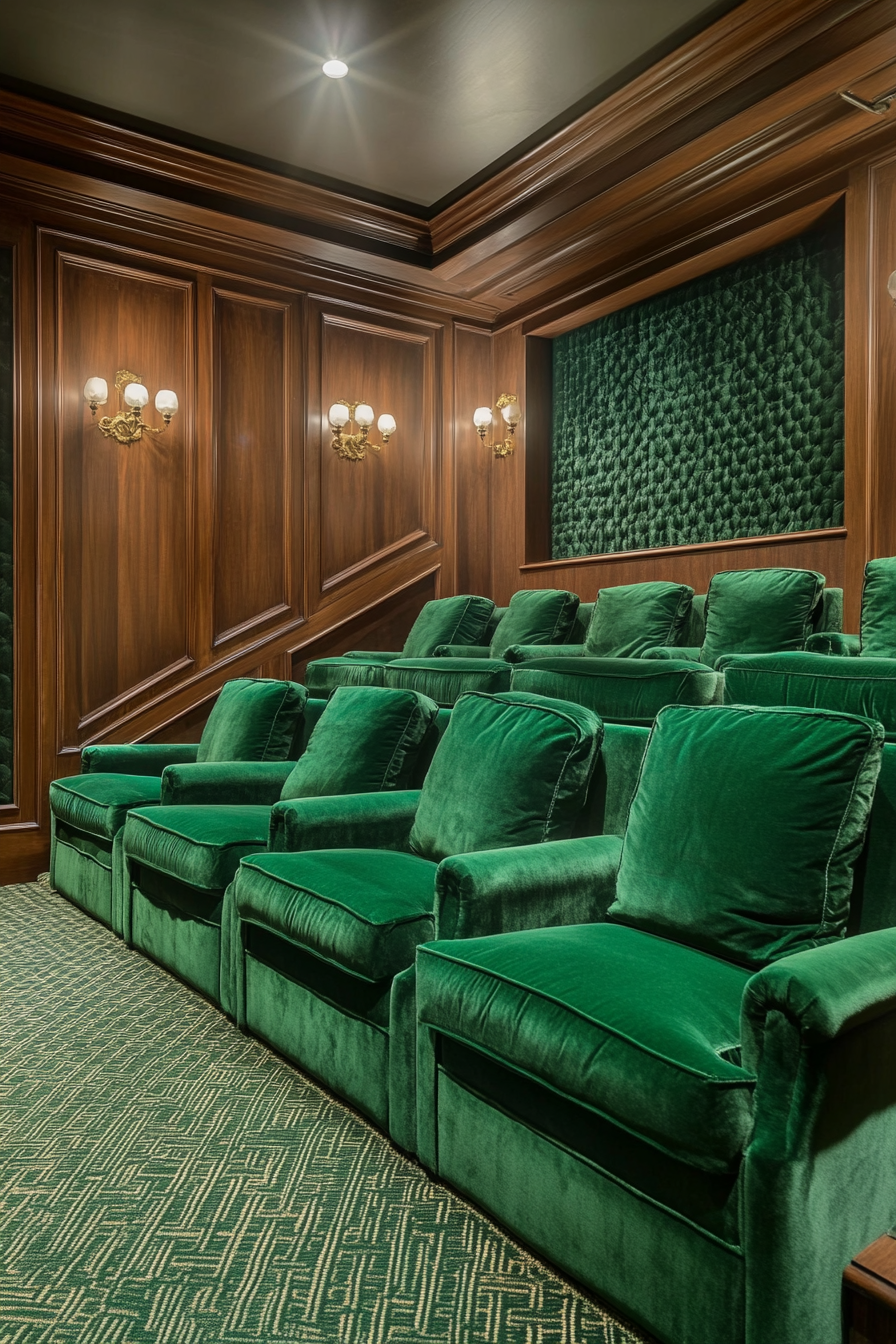 Contemporary tiny theater. Emerald velvet tiered seating, bordered by walnut wainscoting.