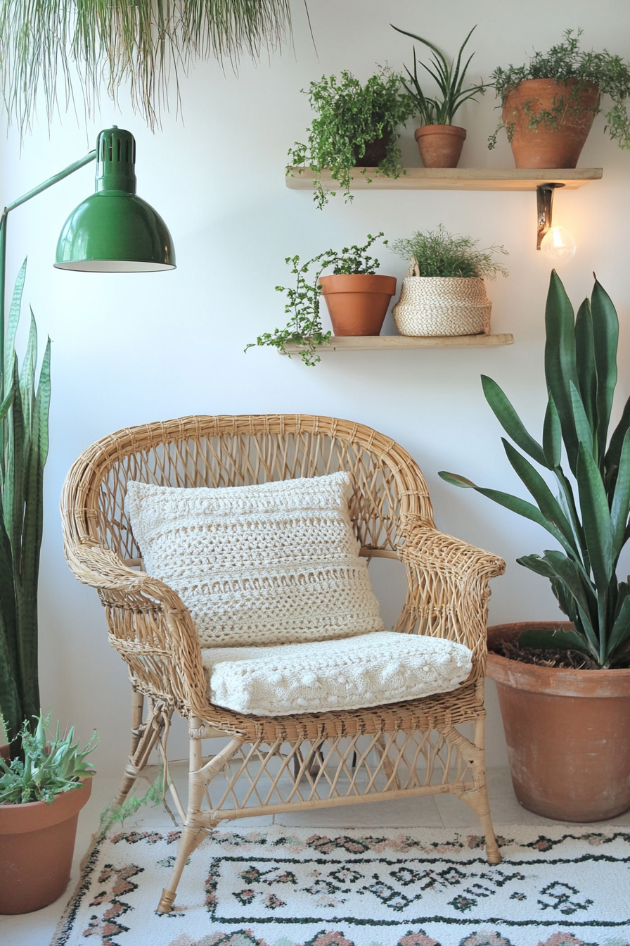 Desert-Boho reading corner. Rattan shelf with terracotta pots, cream crochet cushion, green reading light.