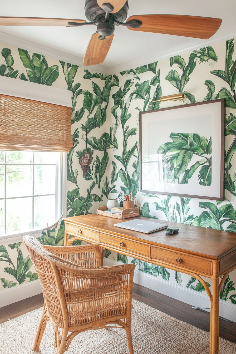 Tropical-modern tiny office. Rattan desk under Bureau Gainly plant-patterned wallpaper, chestnut ceiling fan.