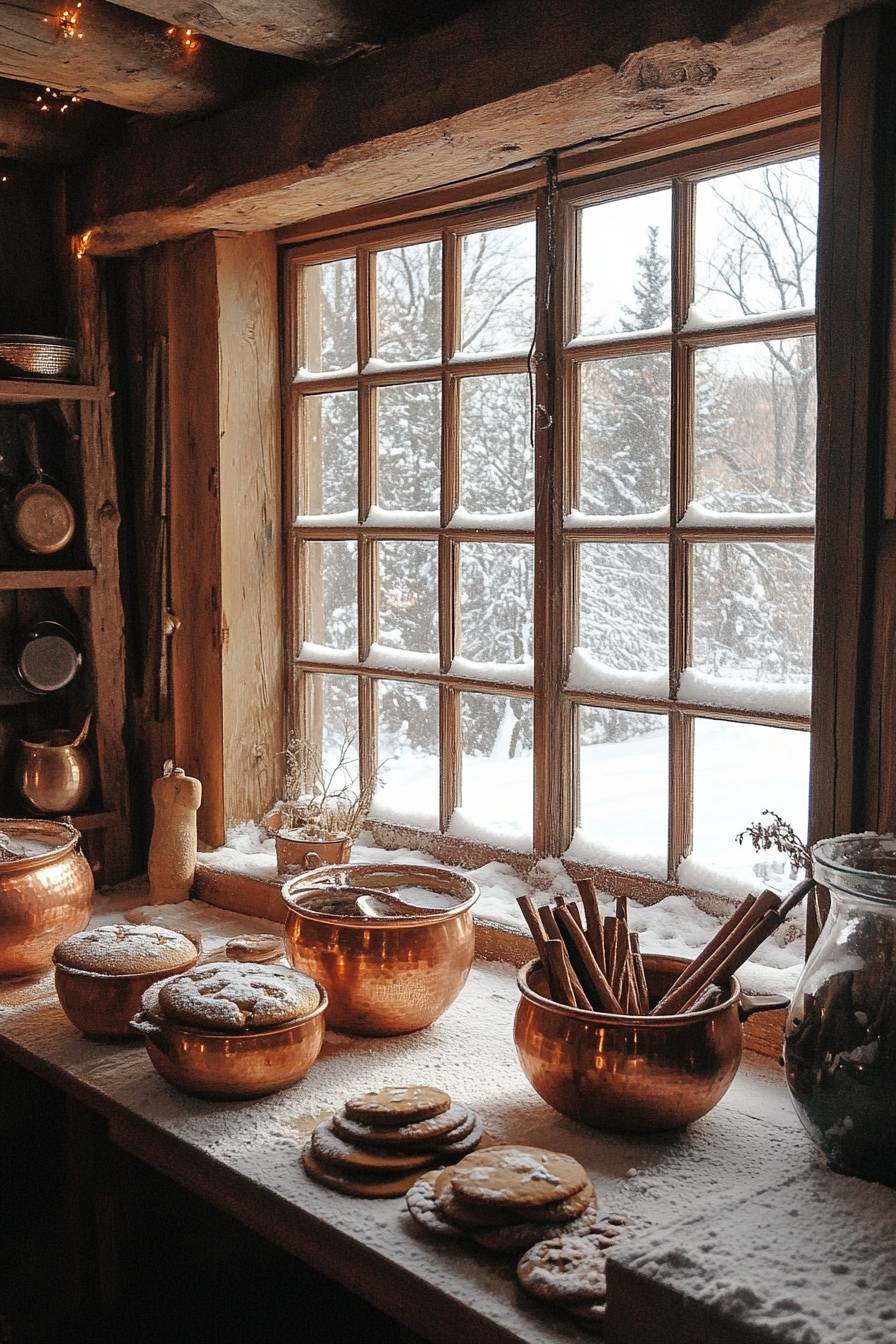 Wide angle view. Gingerbread-making space, snow-lit copper pots, cinnamon bundles, winter out windows.