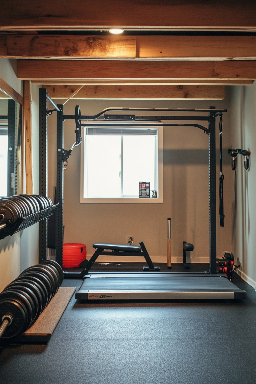 Contemporary tiny gym. Wall mounted barbell rack, reflective mirror wall, compact treadmill.