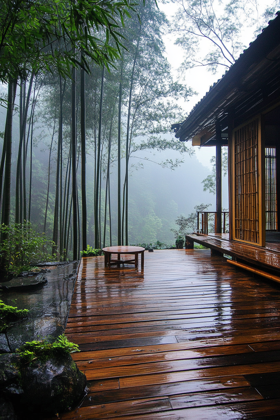 Wide angle view. Tiny house deck with bamboo screens amidst misty bamboo forest.