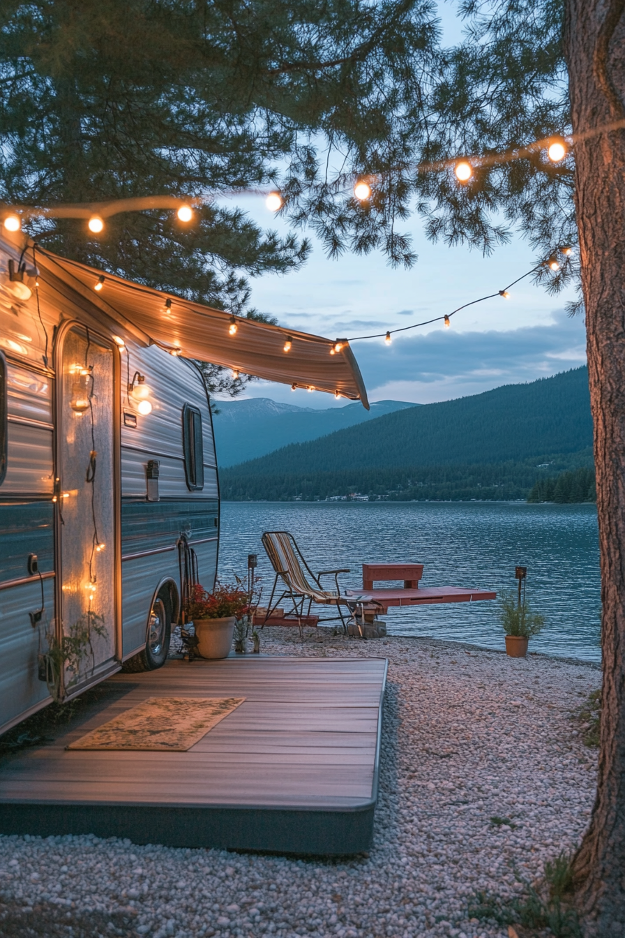 Wide-angle view. Retro RV entrance, metal gliders, string lights, beside crystal-clear mountain lake.