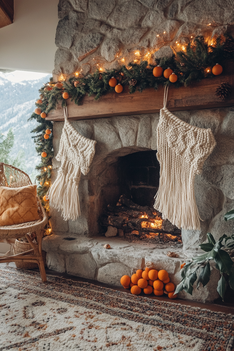 Eclectic holiday space. Macramé stockings, dried orange garlands, mountain sunset in wide angle.