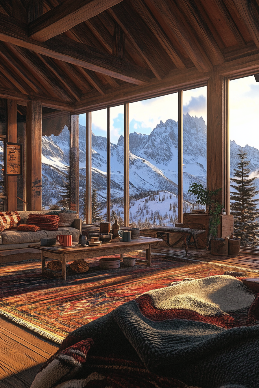 Ski lodge interior view. Wool blankets, hot cocoa station, snow-capped peaks visible.