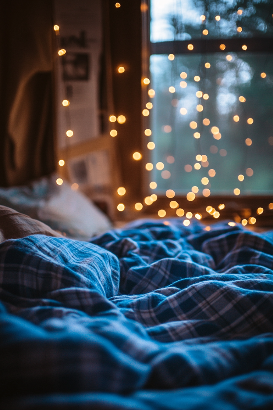 Wide angle view. Blue flannel bedding with string lights