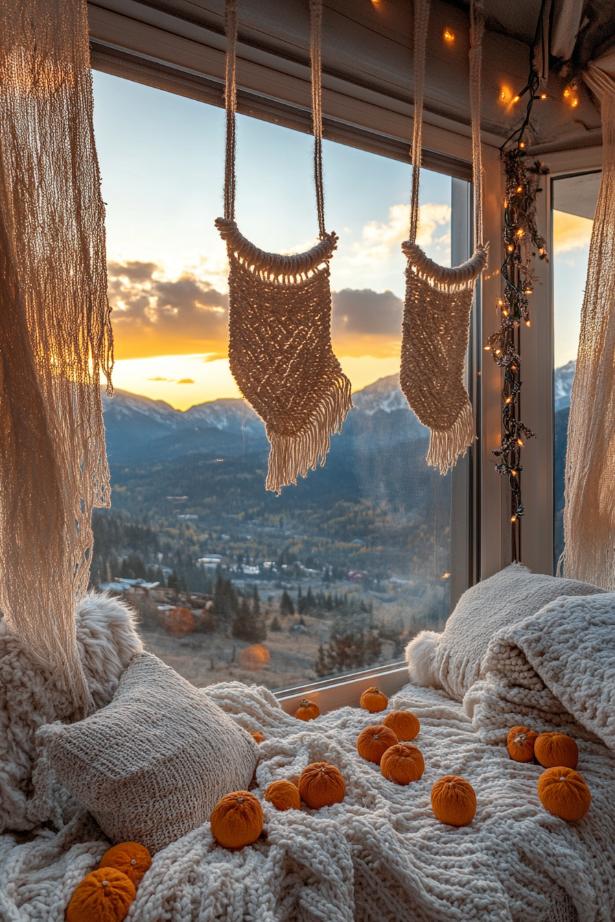 Holiday space. Macramé stockings, dried orange garlands, mountain sunset through panoramic window.