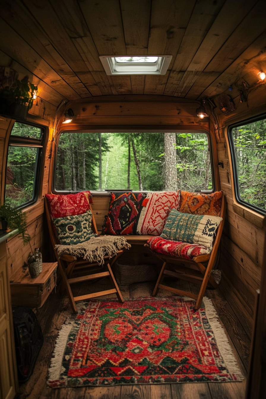 Van lounge. Woodland-style, pine paneling, camp chairs facing forestry.