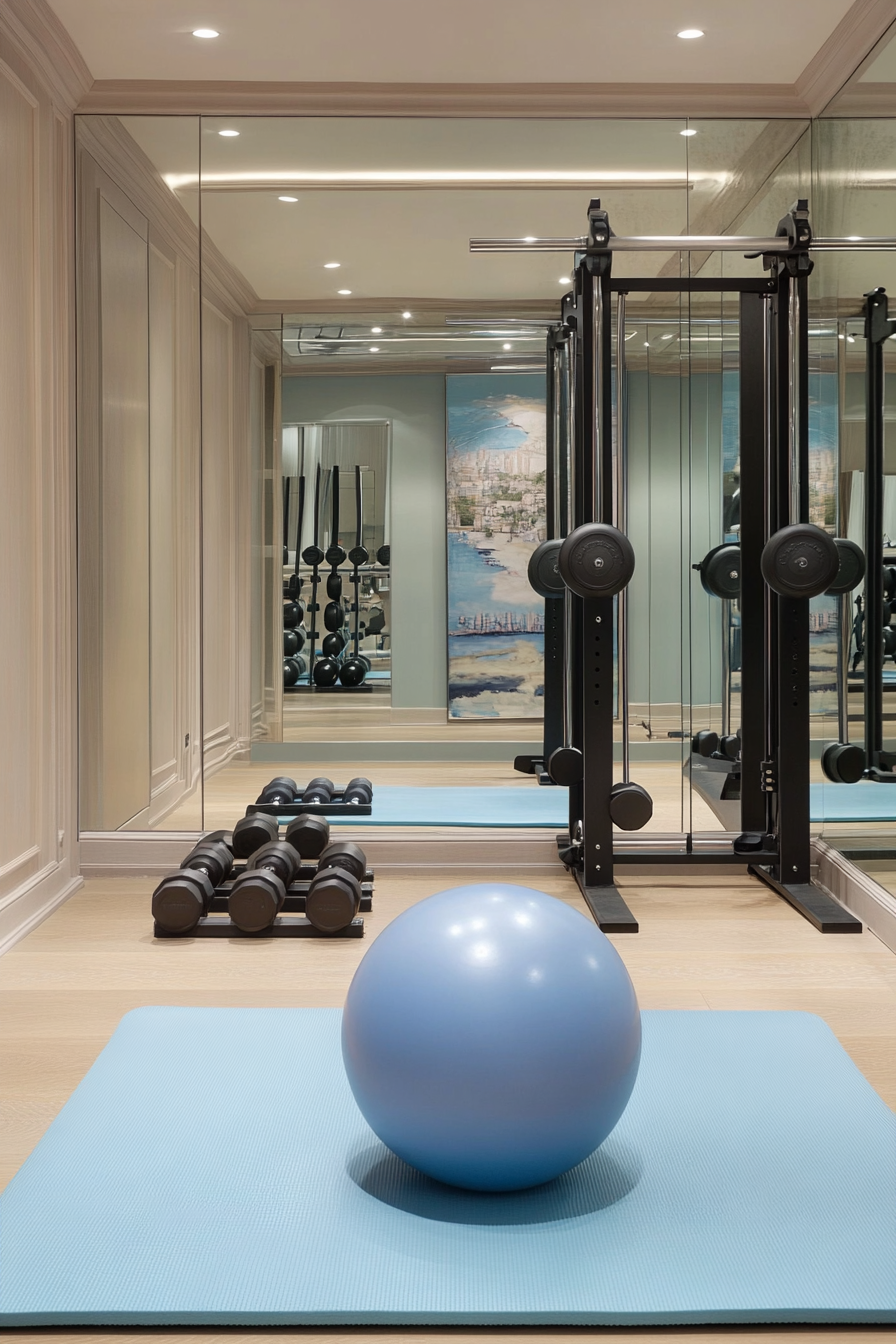 Contemporary tiny gym. Pastel yoga mats, dumbbell rack, blue exercise ball, sleek metal barbell station, mirrored wall.