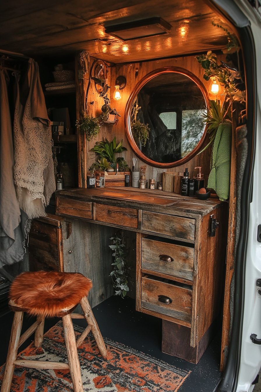 Bohemian van vanity area. Copper ring light over rustic wooden makeup drawer with folding mirror.