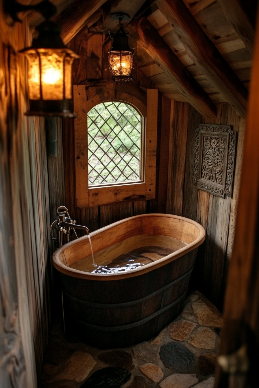 Natural tiny house bathroom. Wooden soaking tub, smooth stone floor, ornate hanging lantern.