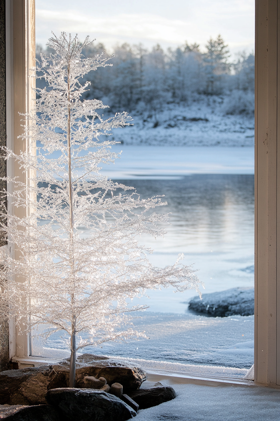 Retro holiday interior. Aluminum tree next to frosted window overlooking ice-covered lake.