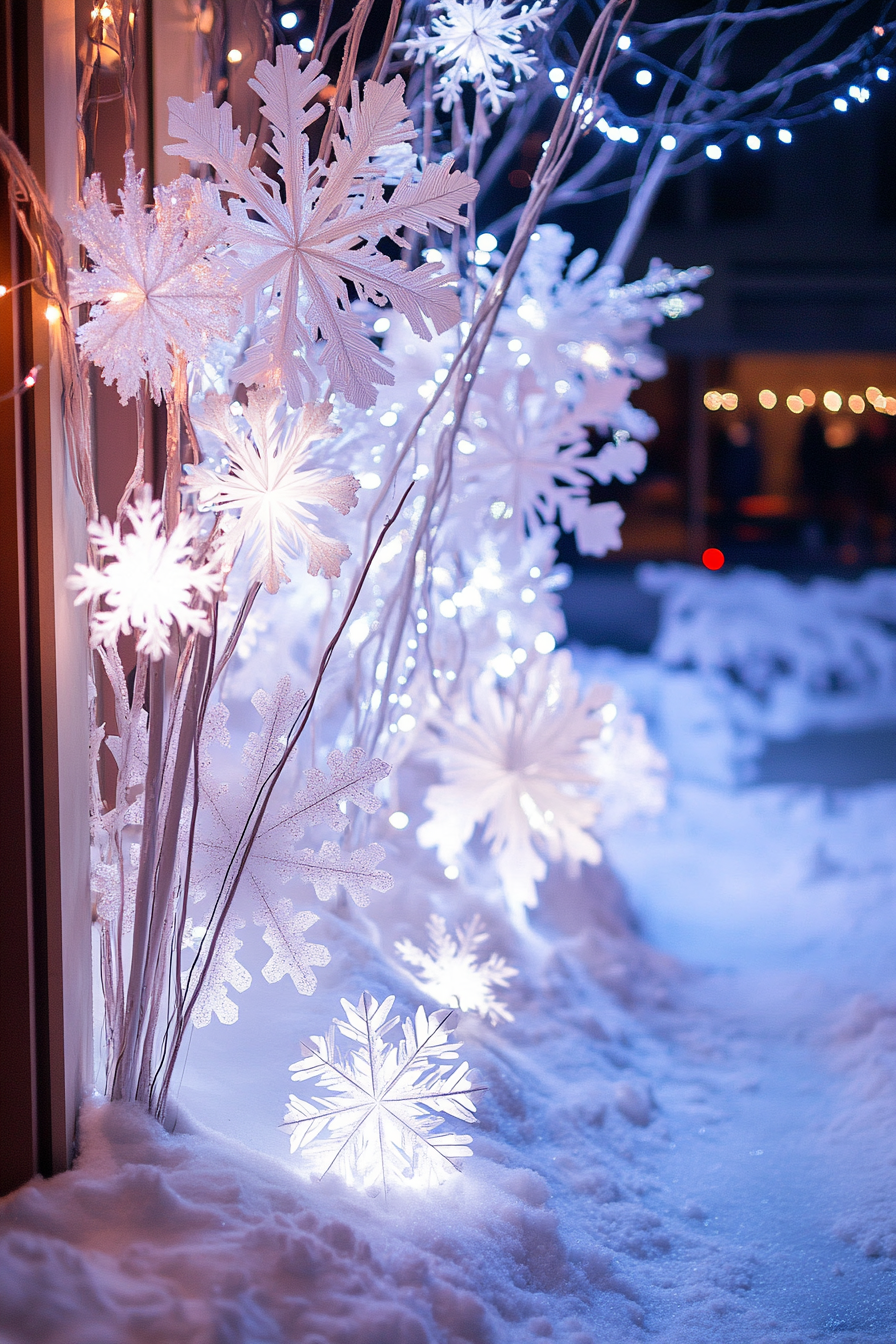 Modern Christmas décor, white lights, paper snowflakes, frost-covered valley, wide-angle view.