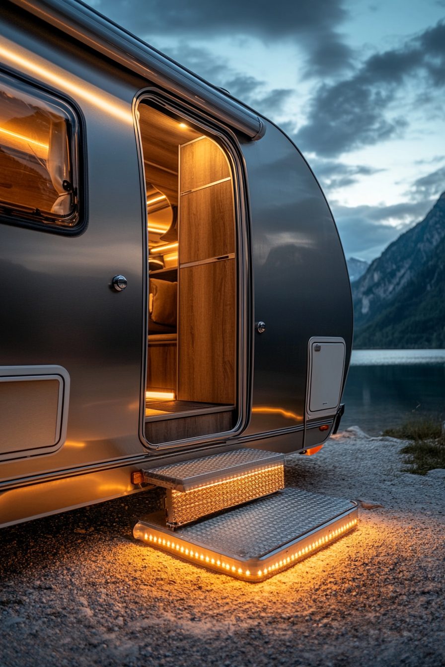 Wide angle view. Metal RV step entrance, retro lights, parked near clear mountain lake.