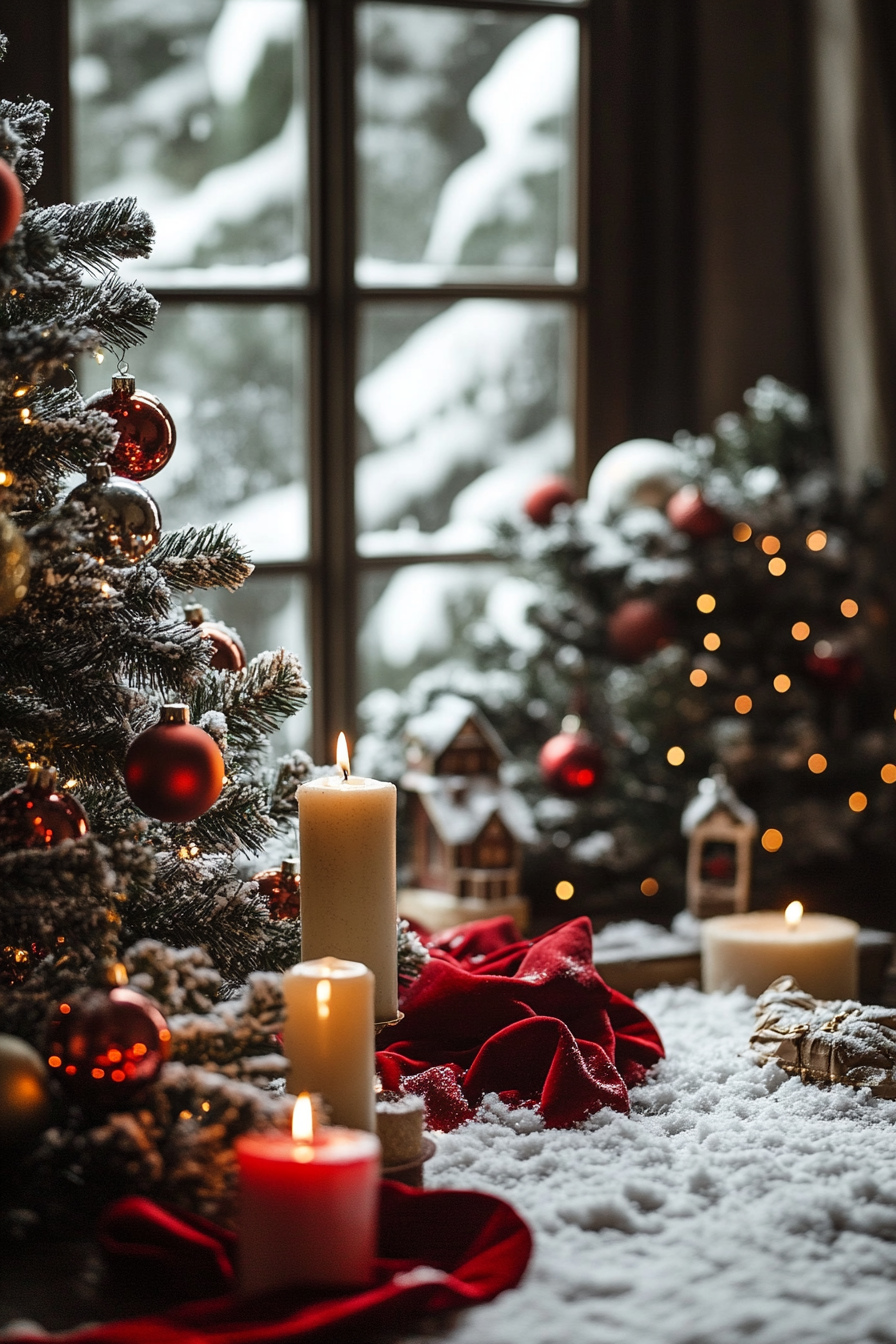 Elegant Christmas interior. Wide-angle view with vintage ornaments, velvet ribbons, and snow-covered village.