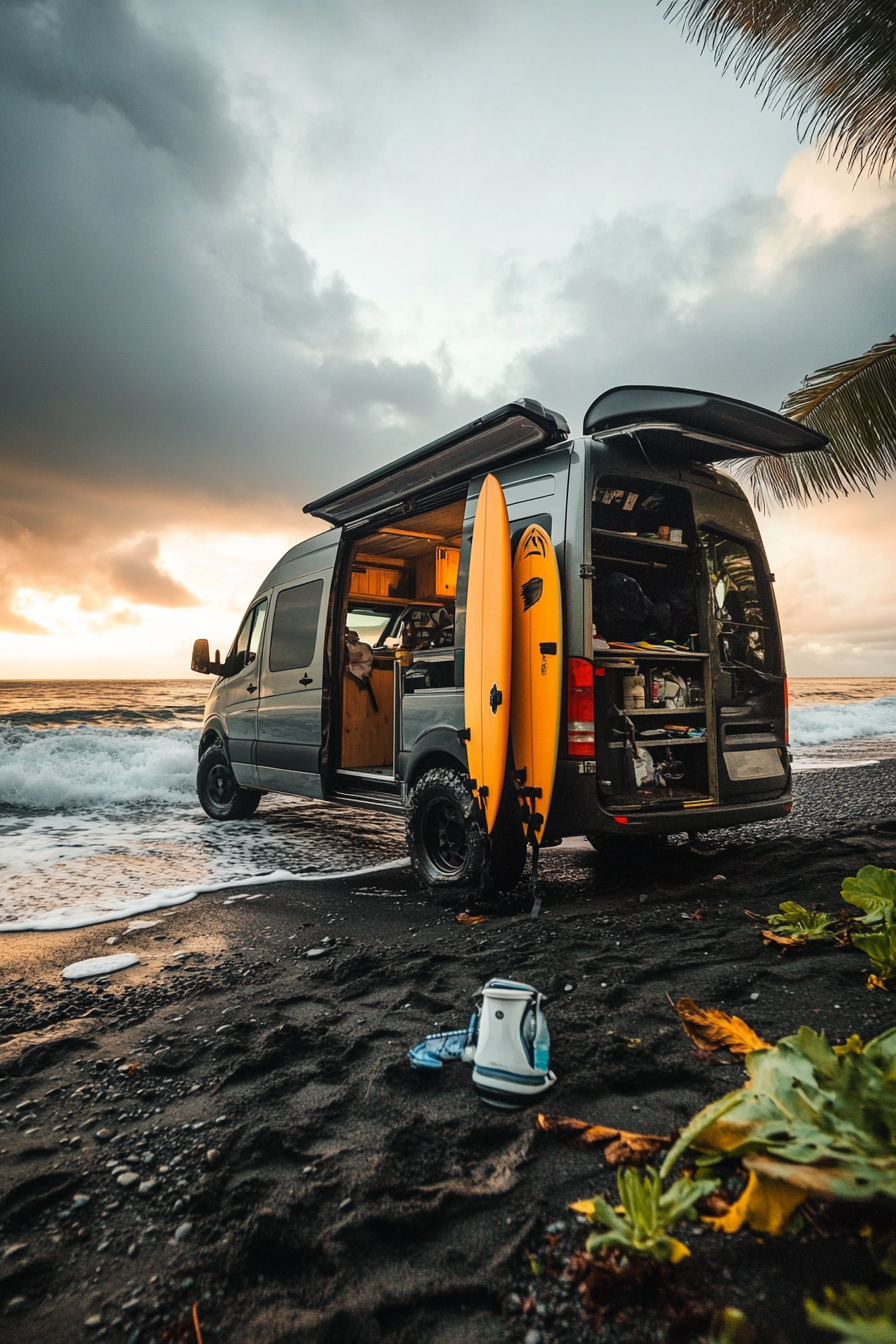 Wide-angle van setup. Black sand beach, surfboard rack, outdoor shower, crashing waves.