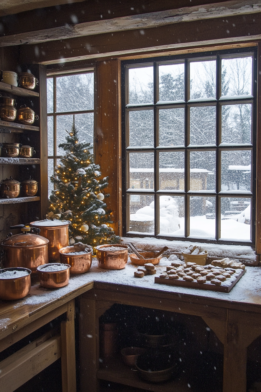 Wide angle view. Gingerbread-making space, copper pots, cinnamon bundles, snow falling beyond windows.