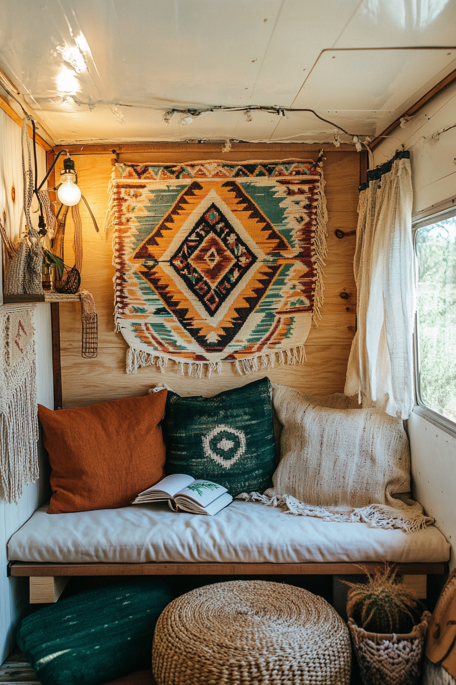 Desert-Boho camper reading corner. Southwest textile wall hanging, decorative book light, woven floor cushion.