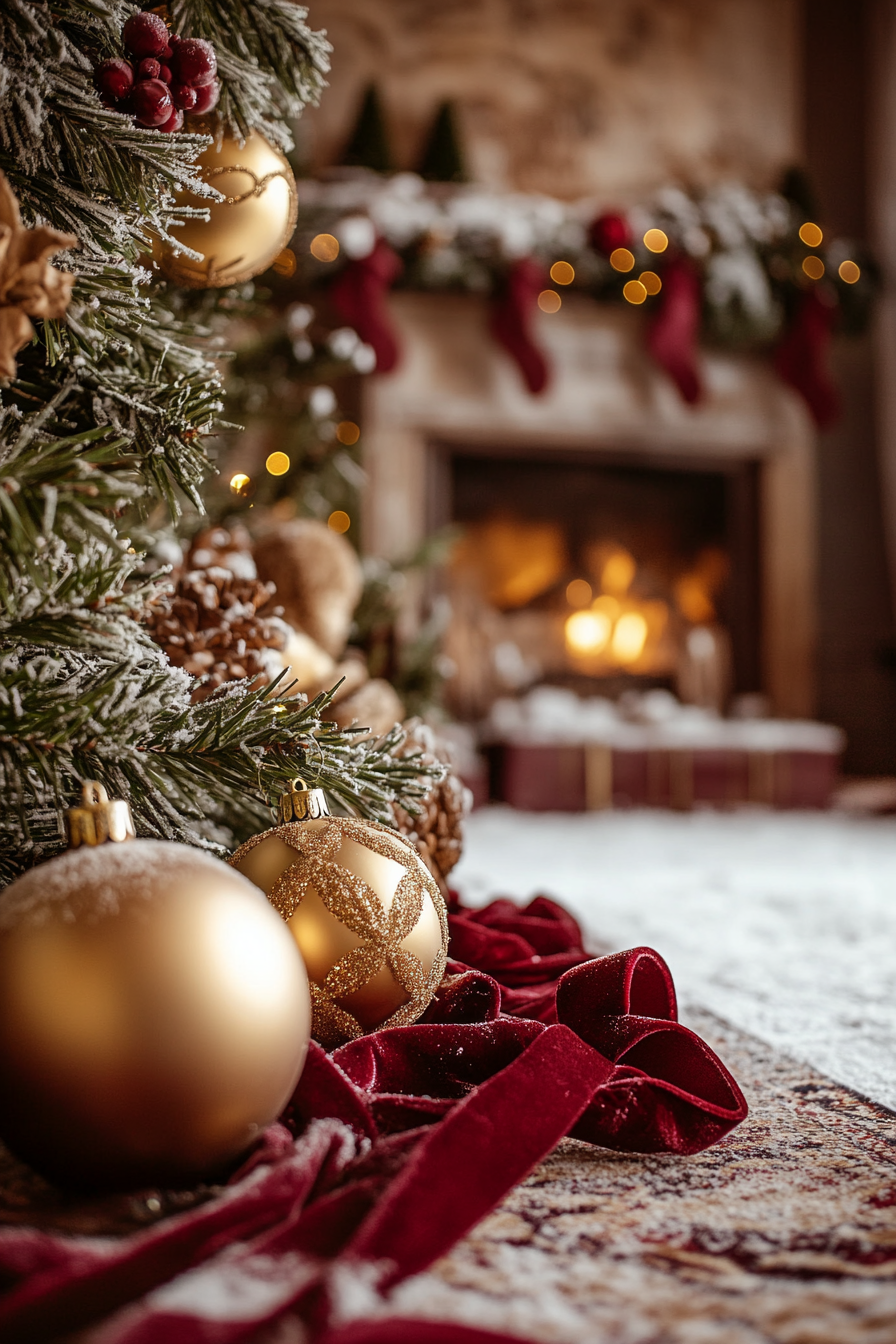 Wide angle Christmas interior. Vintage gold ornaments against burgundy velvet ribbons, snow-laden rural cottages backdrop.