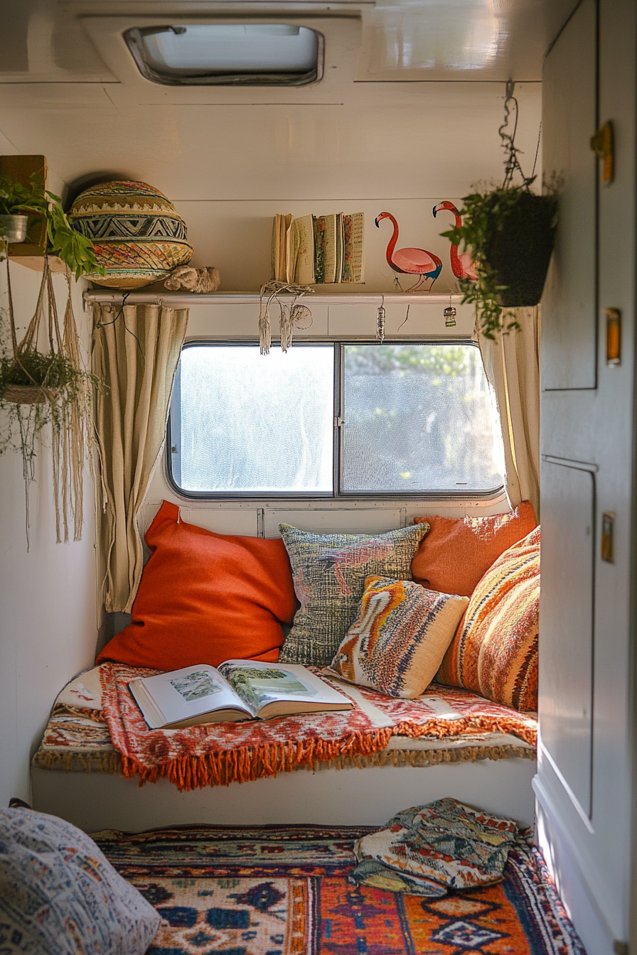 Desert-Boho Camper Reading Corner. Vintage lanters, flamingo miscellany and orange kilim pillows.