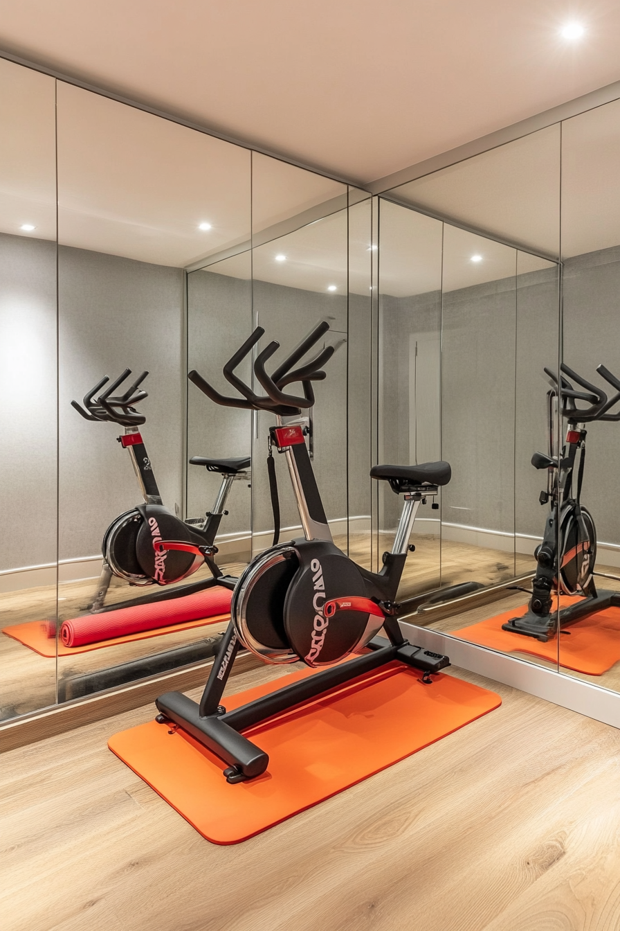 Contemporary tiny gym. Mirror wall, yoga mat storage, minimalist exercise bike.