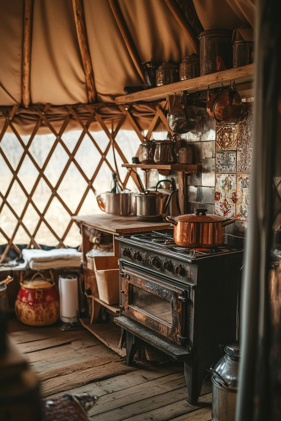 Alpine-style yurt kitchen. Oak wood stove, bronze copper pots, rich cinnamon spice wall.