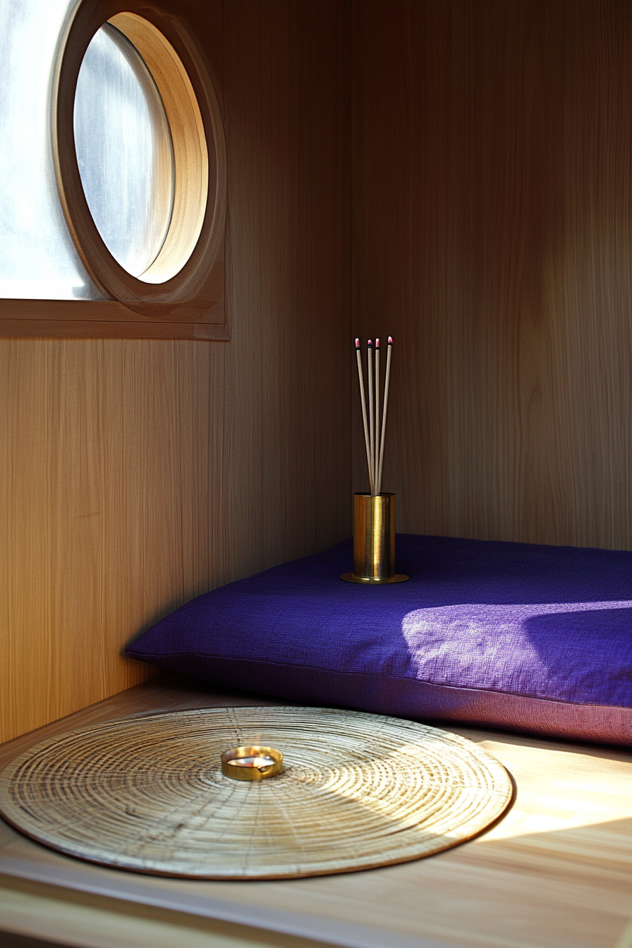 Zen-style van meditation room. Deep purple cushion, circle bamboo mat, and brass incense holder.