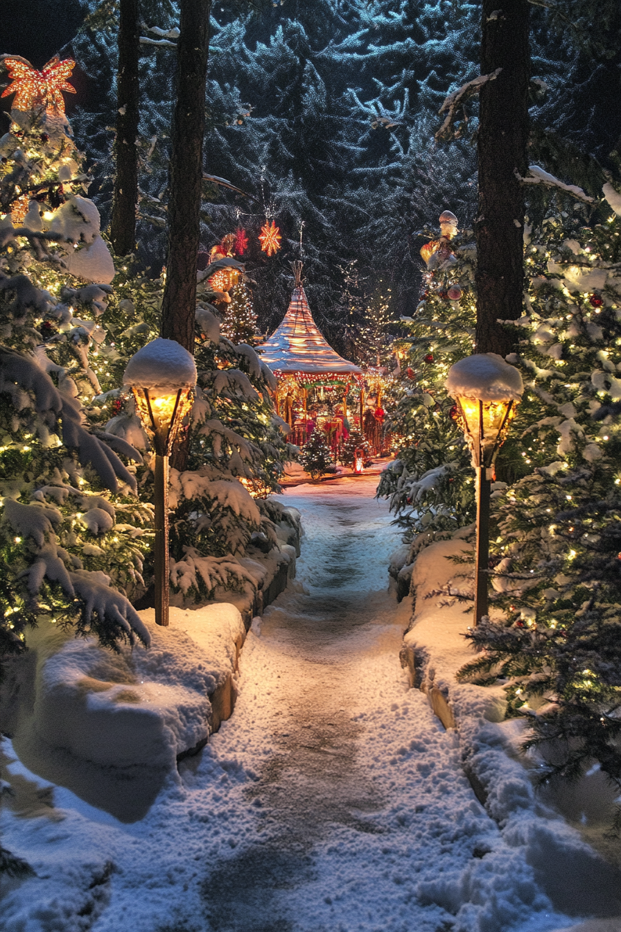 Wide-angle holiday space. Snowy pines surrounding a moss-detailed, woodland-themed whimsical festival.