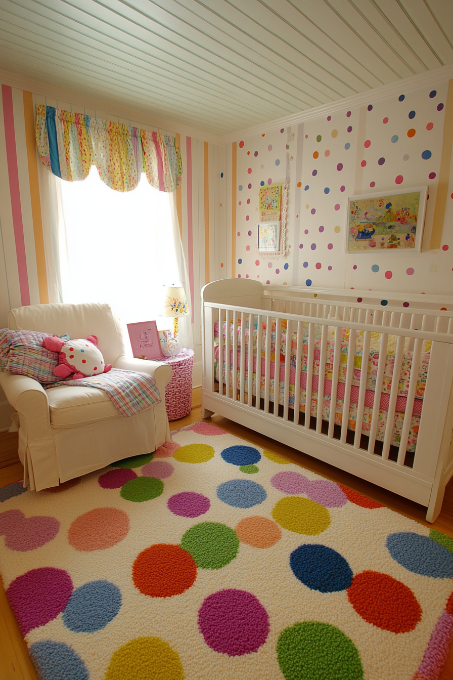 Wide angle view. Cheerful baby space with pastel polka dot wallpaper and multicolored rag rug.